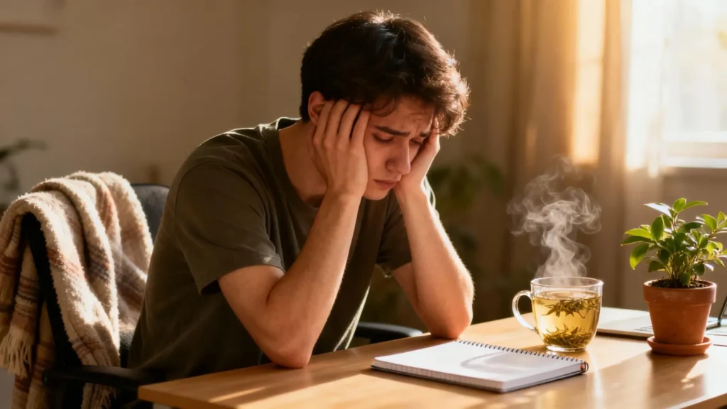Joven mostrando fatiga por ansiedad y cansancio emocional, con elementos de remedios naturales y bienestar, como té de manzanilla, plantas y un ambiente relajante, reflejando estrategias para recuperar energía y aliviar la ansiedad constante.