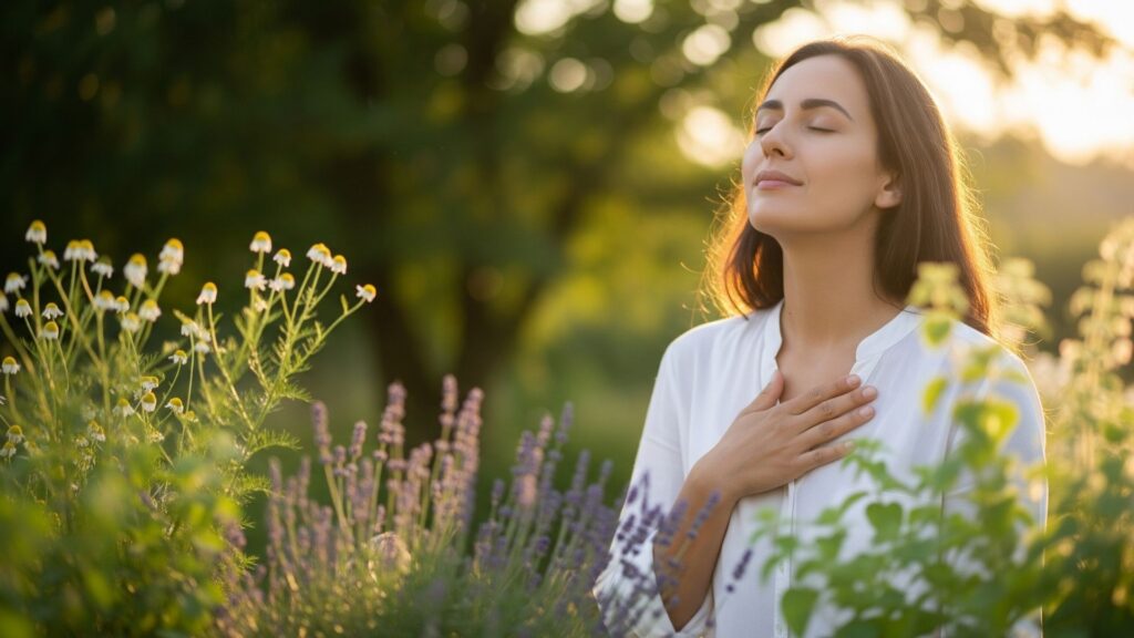 Una persona caminando por el campo, relajando su cuerpo y haciendo respiración controlada. Ella se ve desestrezada, relajada, sin ansiedad.