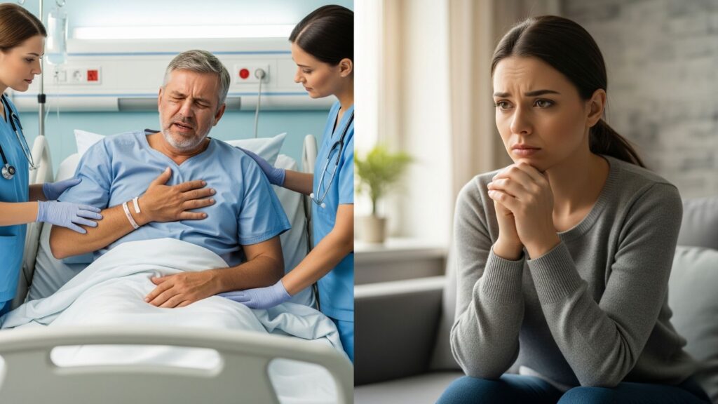 Comparación de síntomas entre infarto y ansiedad, señales de alerta.

