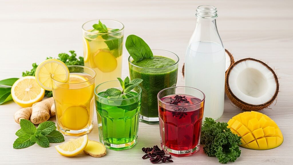 Fotografía vibrante y apetecible de cinco vasos o botellas con diferentes bebidas saludables: agua con limón y jengibre, té verde, batido verde, agua de coco y una infusión de hierbas. Estilo natural, luz suave, sobre fondo blanco o madera clara, con frutas frescas y hojas alrededor para destacar ingredientes naturales.