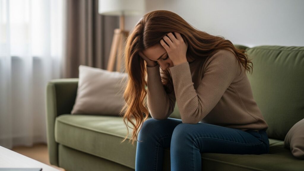 Persona joven sentada con la cabeza entre las manos, mostrando sensación de mareo.