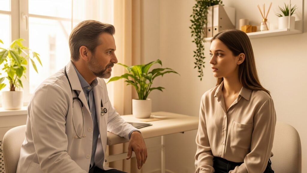 Consulta médica donde el profesional escucha al paciente con atención debido a que tiene ansiedad