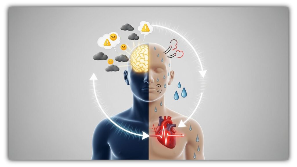 Ilustración conceptual de una persona mostrando el ciclo entre pensamientos negativos y sensaciones físicas intensas causadas por la ansiedad