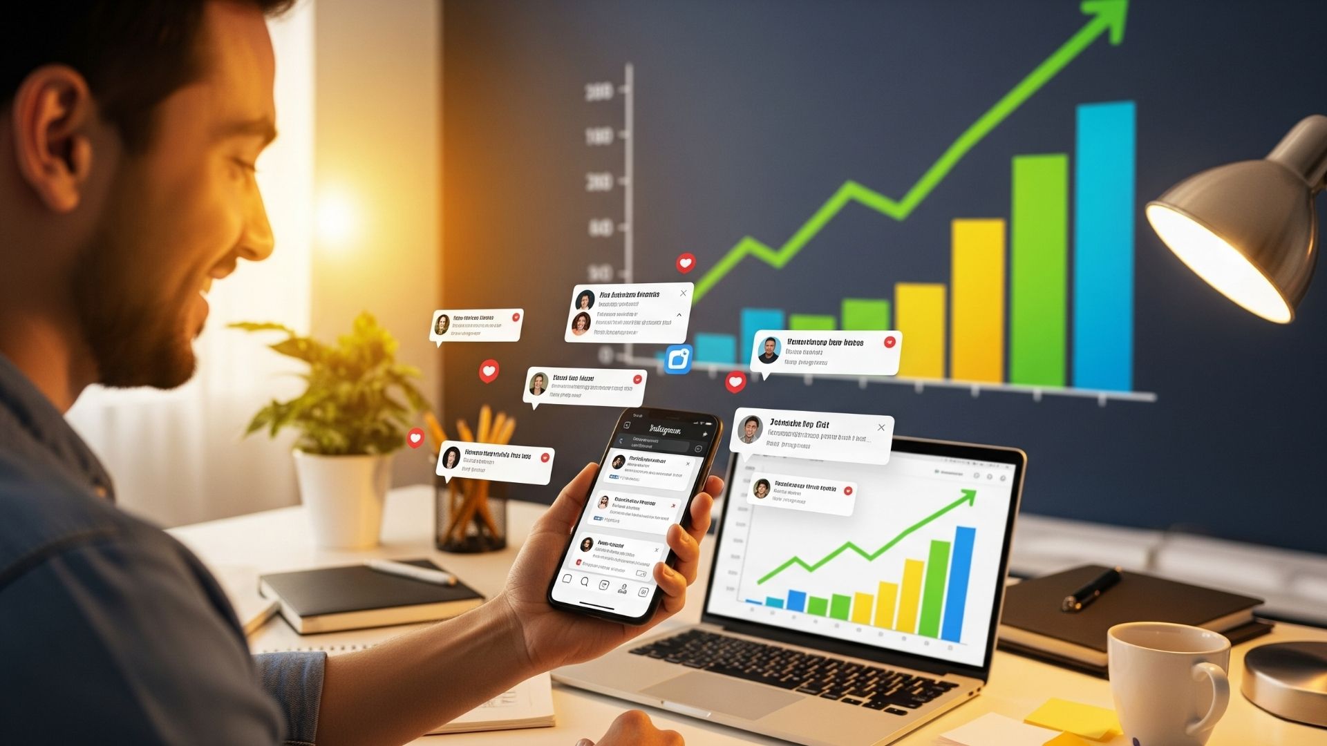 Persona en escritorio viendo cómo llegan nuevos mensajes de Instagram con resultados positivos