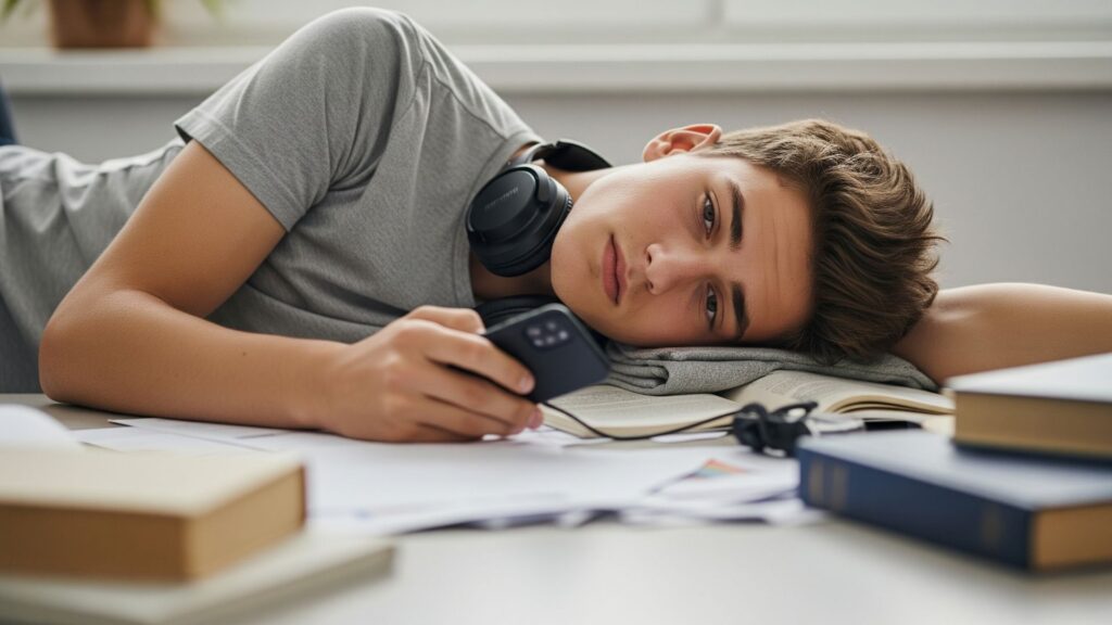 Persona joven recostada con expresión de cansancio mental, auriculares puestos, reflejando agotamiento emocional.