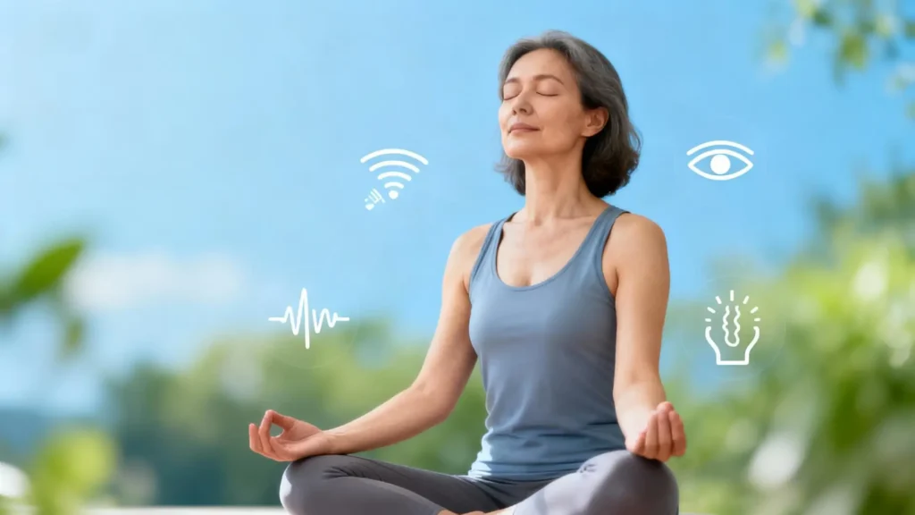 Mujer practicando respiración consciente para aliviar mareos, visión borrosa y hormigueo por ansiedad, recuperando equilibrio y bienestar físico.