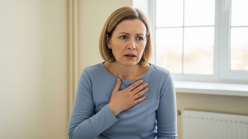 Persona con taquicardia tocándose el pecho, síntomas de malestar cardiovascular