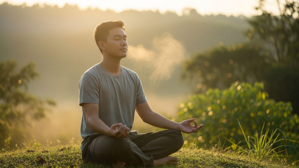 Persona meditando al amanecer en una colina boscosa, con expresión serena y niebla suave al respirar, rodeada de naturaleza, representando alivio de la ansiedad de forma natural.