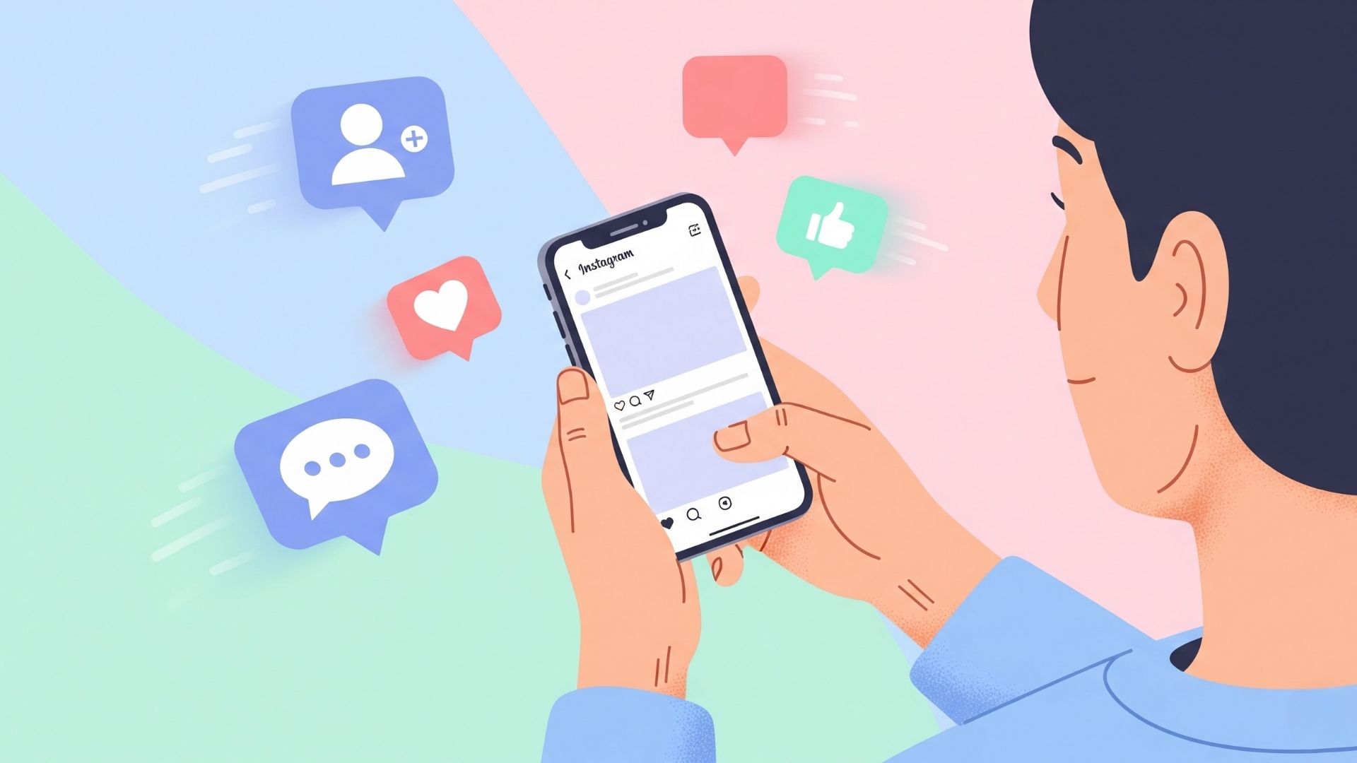 Persona usando Instagram con íconos de me gusta y comentarios, representando crecimiento orgánico de clientes