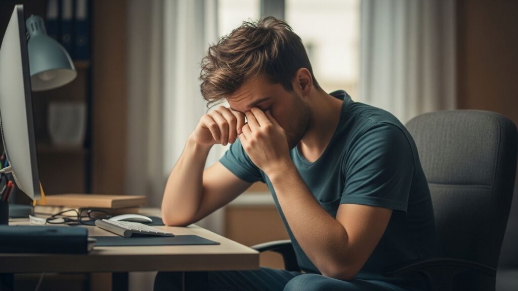 Persona cansada frente al ordenador frotándose los ojos, reflejando visión borrosa.