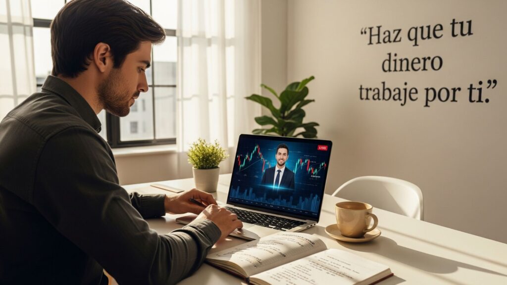 Persona aprendiendo sobre inversiones desde casa con gráficos financieros en pantalla durante un entrenamiento online con Fernando Ruiz.