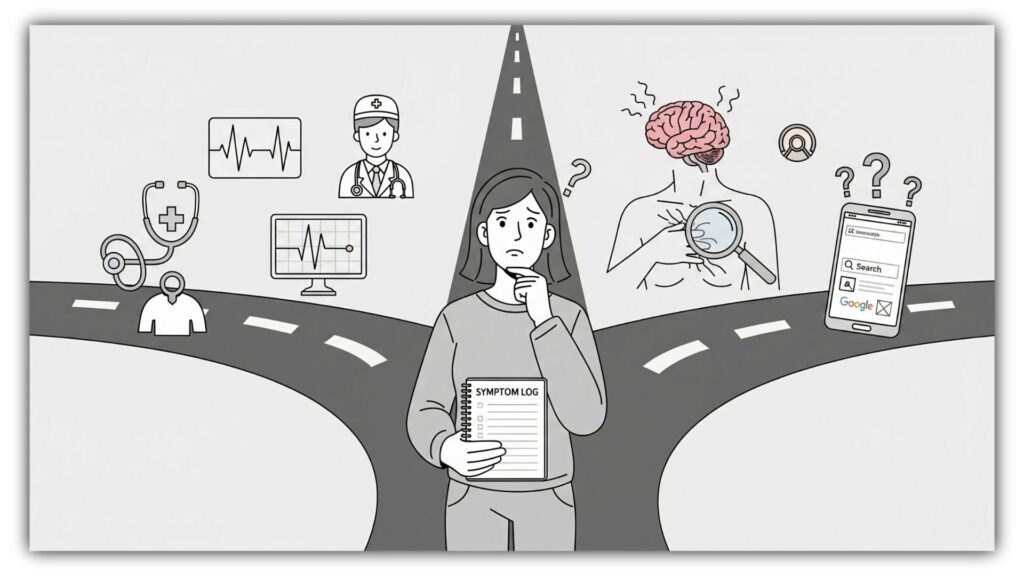 Ilustración conceptual de una persona decidiendo entre consultar al médico o atribuir los síntomas a la ansiedad, mientras registra lo que siente en un cuaderno