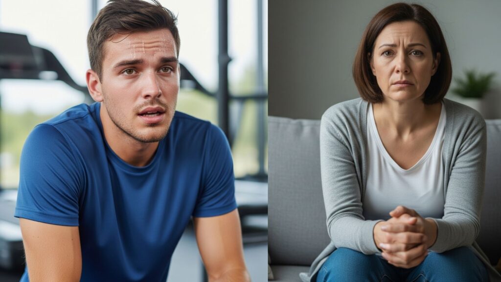 Imagen dividida mostrando contraste entre agotamiento físico tras ejercicio y cansancio emocional por ansiedad.