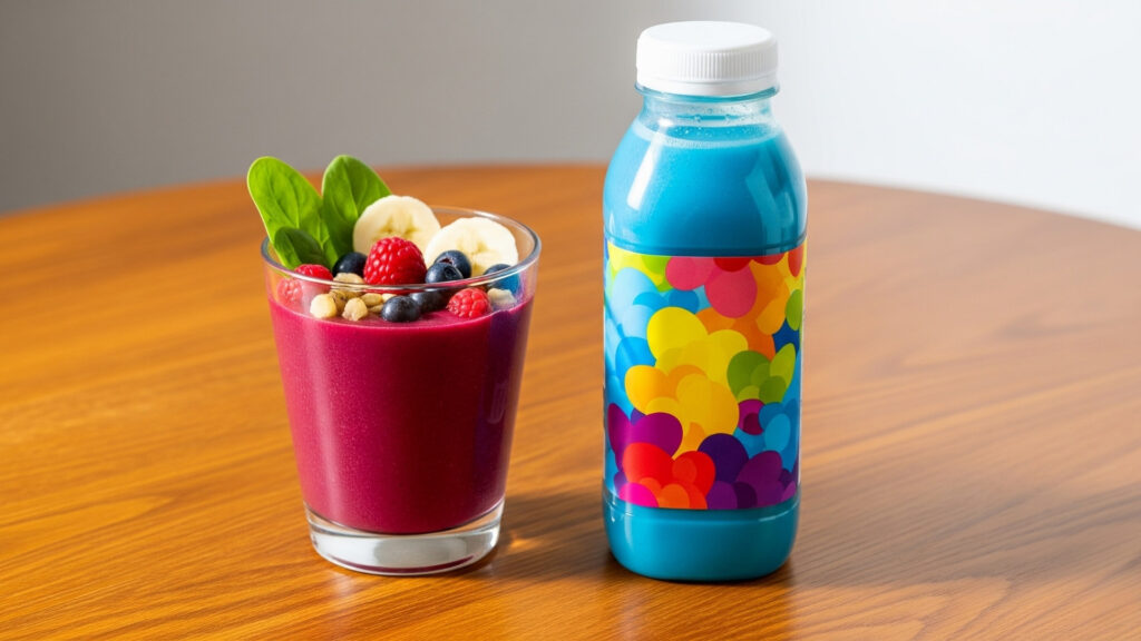 Diferencias visuales entre batido casero natural y batido comercial envasado