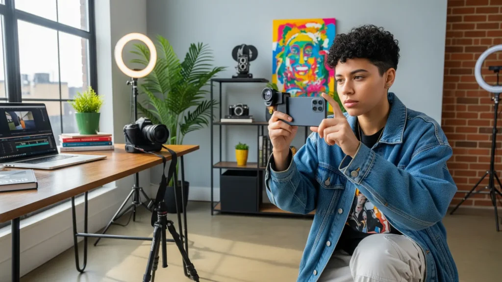 Bono adicional MasterPhoto Academy: estudiante aprendiendo fotografía y video con celular, usando presets exclusivos, módulos grabados y masterclasses para mejorar fotos profesionales y contenido creativo con smartphone