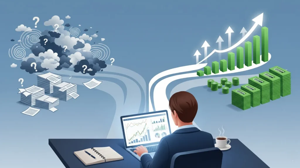 Ilustración profesional de una persona aprendiendo inversión online con Fernando Ruiz, mostrando gráficos financieros, estrategias de inversión segura y análisis técnico, representando cómo identificar si la Semana de la Inversión es ideal para principiantes y cómo generar ingresos con inversión.