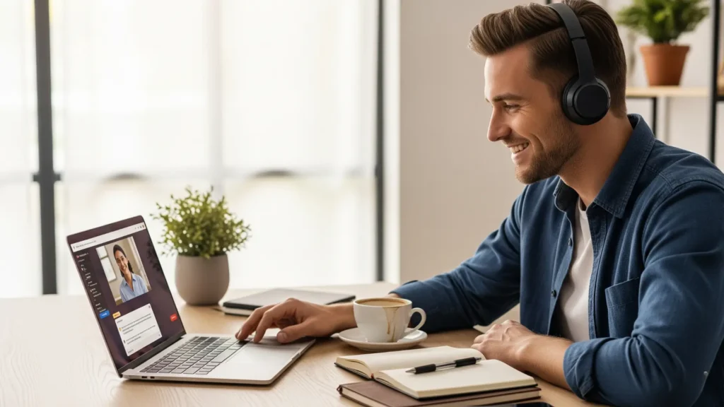 Persona usando laptop con auriculares recibiendo soporte online en curso Community Manager, mostrando aprendizaje seguro, asistencia inmediata y comunidad de estudiantes en redes sociales para generar ingresos desde casa.