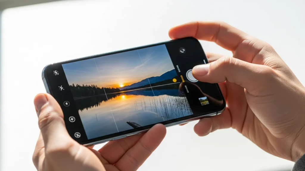 Imagen de smartphone capturando fotos profesionales con técnicas de composición e iluminación, ilustrando el curso MasterPhoto Academy para aprender fotografía y video con celular, consejos de edición y creación de contenido visual de alto impacto.