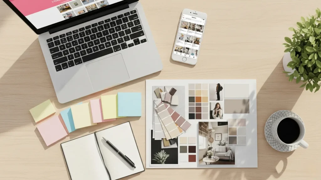 Espacio de trabajo creativo para emprendedores con enfoque en Instagram: laptop, móvil con feed abierto, paleta de colores y notas adhesivas sobre escritorio minimalista y bien iluminado.