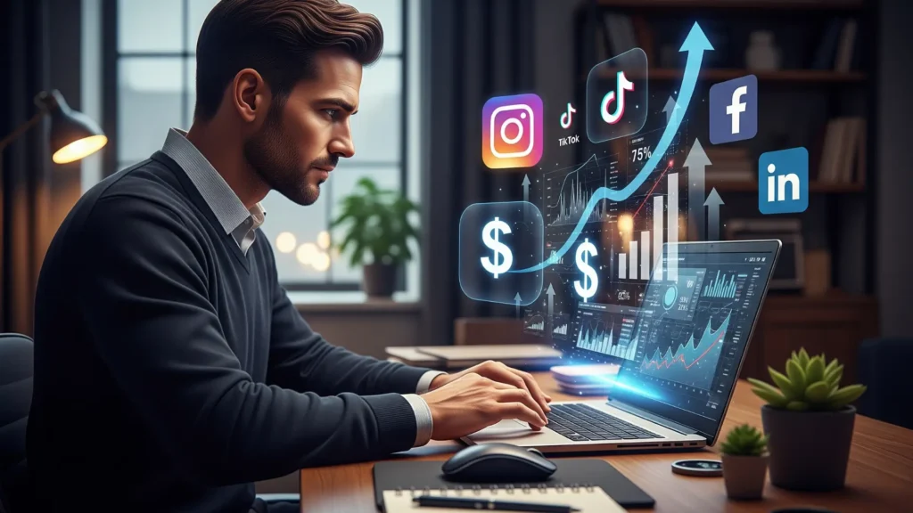 Profesional trabajando desde casa como Community Manager, analizando crecimiento de redes sociales y retorno de inversión online, usando laptop y plataformas digitales como Instagram, TikTok, Facebook y LinkedIn para generar ingresos desde casa de manera segura y rentable.