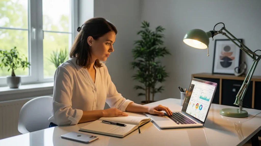 Community Manager trabajando desde casa analizando estrategias de redes sociales y rendimiento en marketing digital, gestionando Instagram, TikTok, Facebook y LinkedIn, generando ingresos online de manera profesional.