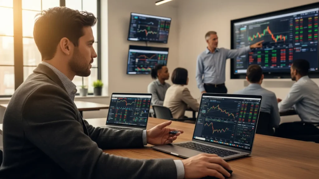 Ilustración de un alumno participando en un curso de inversión online con Fernando Ruiz, mostrando gráficos financieros, análisis técnico, estrategias de inversión responsable, soporte comunitario y aprendizaje práctico de la Semana de la Inversión.