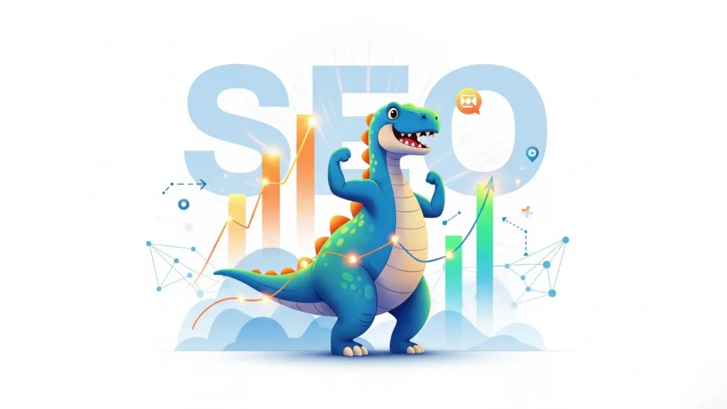 Dinosaurio caricaturesco amigable rodeado de elementos abstractos que representan crecimiento, optimización SEO y mejora del posicionamiento web, transmitiendo cómo DinoRANK puede aumentar la visibilidad en Google.