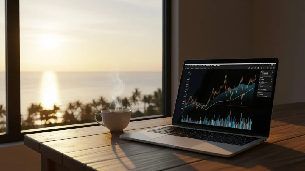 Laptop moderna sobre una mesa de madera junto a una taza de café, con vista al mar al amanecer, representando libertad financiera e ingresos pasivos. Formación de ecosistema financiero de Javier Hernández