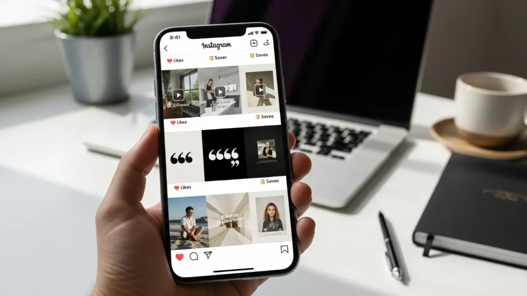 Smartphone mostrando un feed de Instagram con contenido visual atractivo y coherente, en un escritorio de emprendedor con laptop, libreta y café. Estrategias efectivas para crecer en Instagram sin pagar, convertir seguidores en clientes y vender sin tienda online.