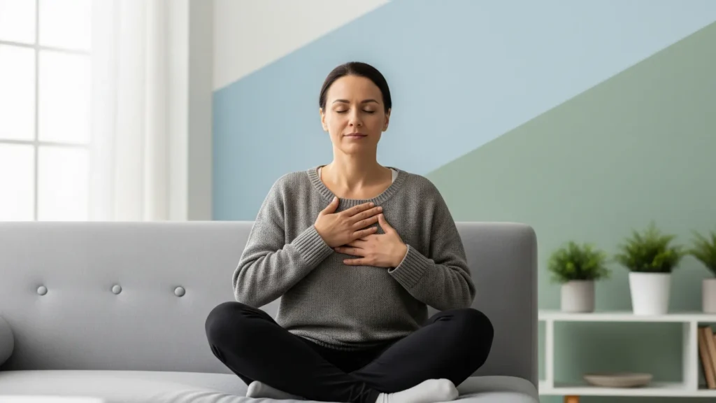 Persona adulta practicando respiración profunda en casa para aliviar síntomas físicos de la ansiedad como palpitaciones y opresión en el pecho.