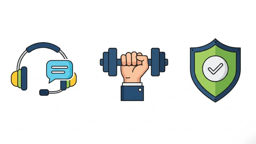 Iconos modernos representando soporte al cliente, guía en entrenamiento y garantía de satisfacción, ayuda confiable para aumentar masa muscular y nutrición segura, diseño vectorial profesional.