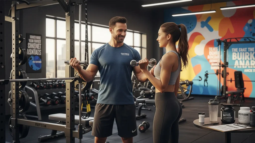 Entrenador de fitness ofreciendo soporte y guía personalizada a joven que desea aumentar masa muscular, demostrando ejercicios y consejos de nutrición, apoyo confiable y programa seguro para ganar fuerza y masa muscular.