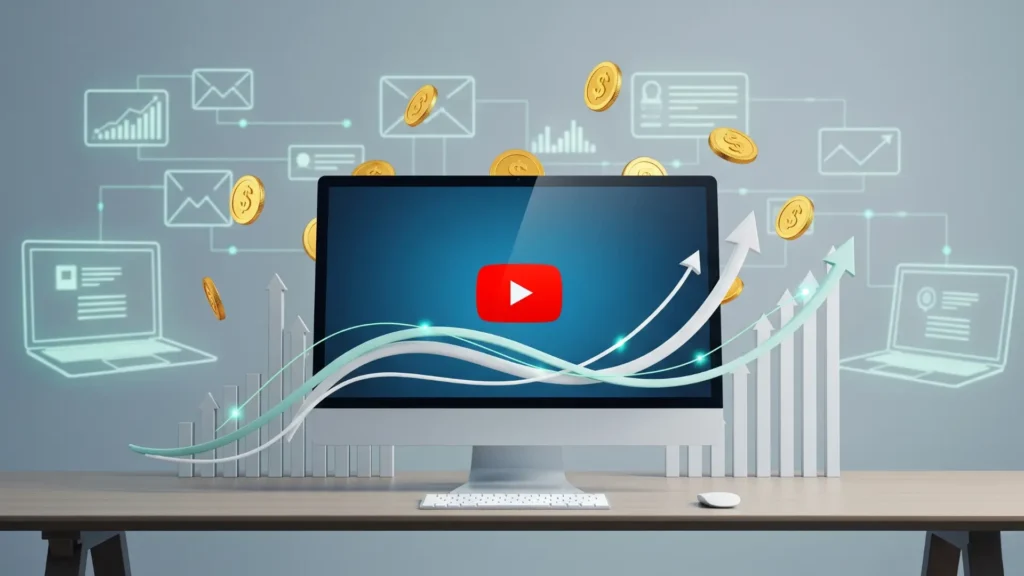 Escritorio moderno con computadora mostrando el logo de YouTube, representando ingresos pasivos y emprendimiento digital. Imagen que refleja crecimiento en canales de YouTube, aprendizaje online y monetización de contenido sin mostrar el rostro.