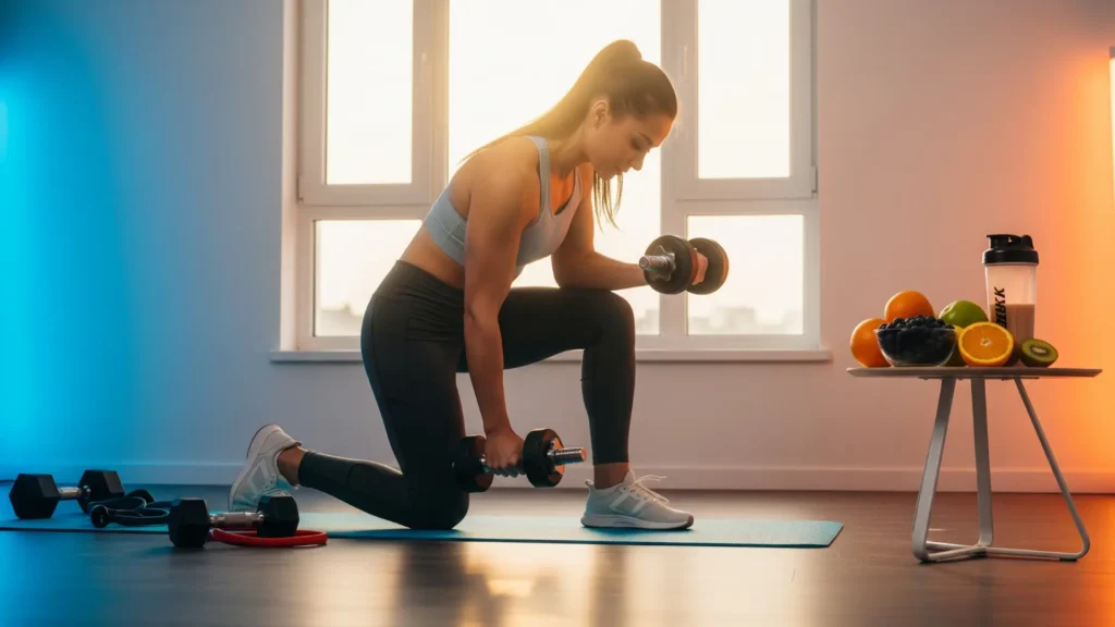 Joven entrenando en casa con pesas y ejercicios de fuerza, mostrando crecimiento muscular, vitalidad y energía, acompañada de alimentos saludables y batido proteico, programa para ganar masa muscular rápido y efectivo.