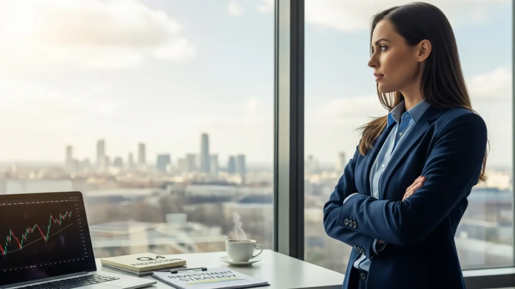 Persona profesional mirando al horizonte con expresión de determinación, en un entorno de trabajo moderno con laptop y notas, simbolizando compromiso y visión para lograr libertad financiera.