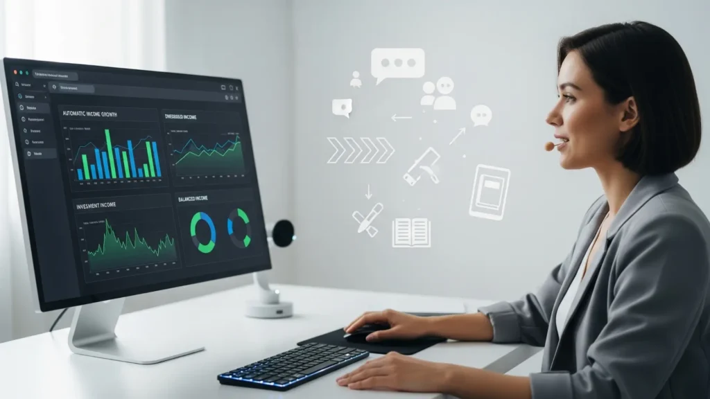 Profesional participando en sesión en vivo del Curso Ecosistema Financiero de Javier Hernández, mostrando gráficos simples de inversión automatizada y diversificación de ingresos. Metodología práctica para poner el dinero a trabajar sin complicaciones económicas.