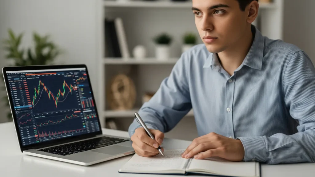 Alumno tomando notas en curso online de inversión con Fernando Ruiz, aprendiendo estrategias de inversión segura y educación financiera práctica.