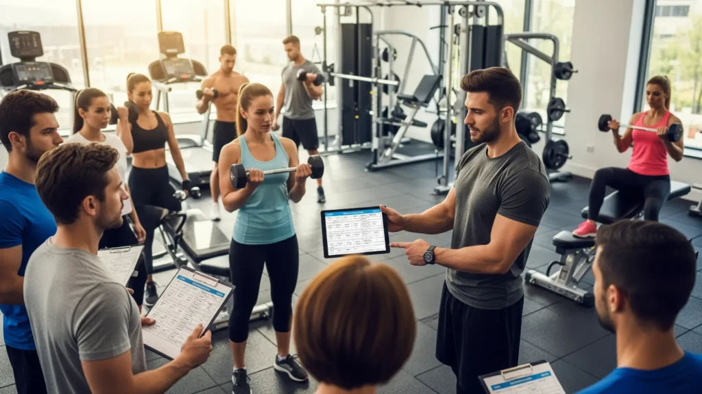 Entrenador profesional mostrando plan de entrenamiento y nutrición para ganar masa muscular rápido y seguro, guía completa de ejercicios y alimentación para aumentar masa muscular, método probado y confiable para resultados sostenibles.