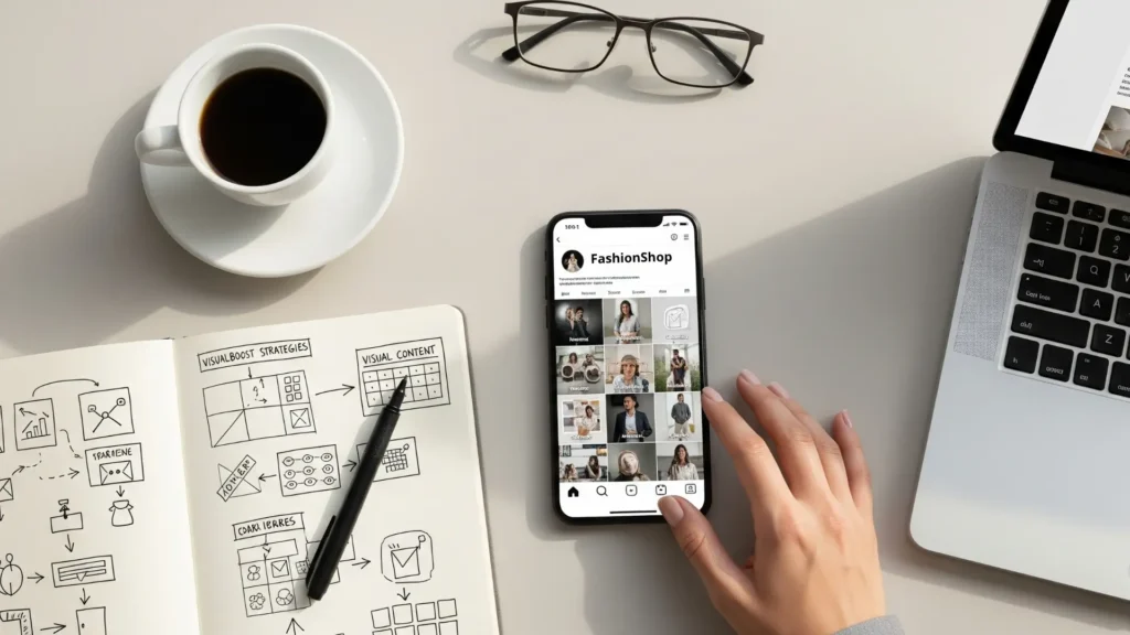 Emprendedor creando contenido visual para Instagram desde una laptop con gráficos de marketing digital, colores llamativos y estrategia visual enfocada en atraer clientes y aumentar ventas en redes sociales.
