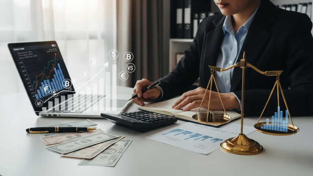 Persona evaluando opciones financieras con gráficos, calculadora y balanza, concepto de valorar el precio del curso Semana de Inversión con Fernando Ruiz y análisis costo-beneficio.