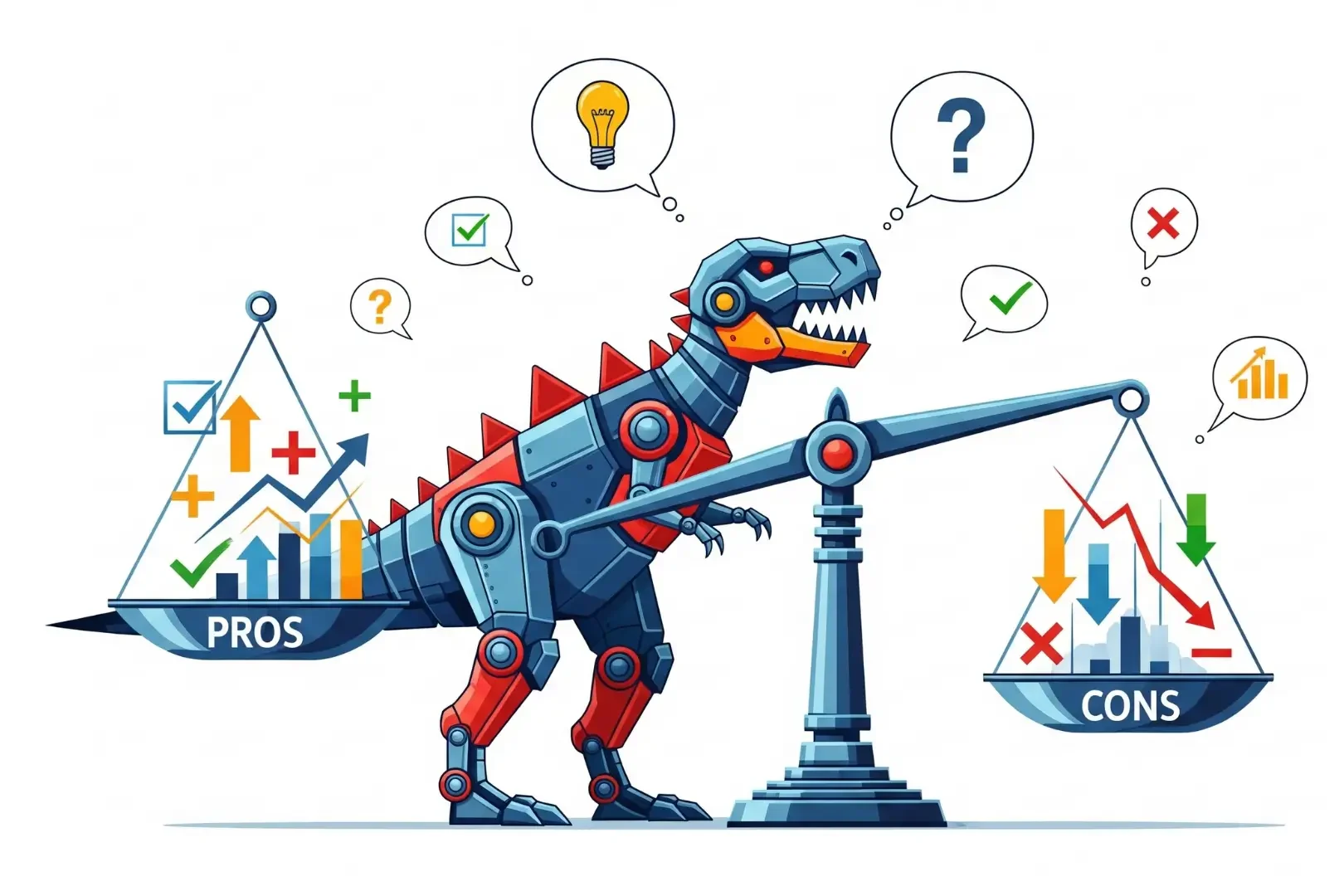 Dinosaurio caricaturesco evaluando pros y contras de una herramienta SEO como DinoRANK, con gráficos abstractos, flechas ascendentes y descendentes, burbujas de palabras clave y elementos visuales de auditoría y análisis de competencia.