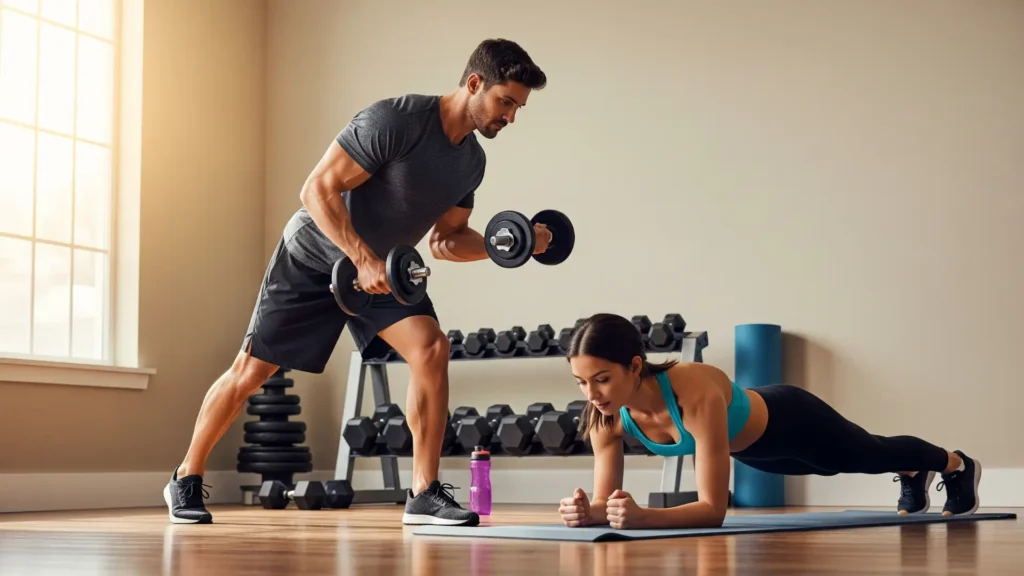 Hombre y mujer entrenando fuerza en casa siguiendo guía para ganar masa muscular rápido y seguro, mostrando progreso muscular y rutinas efectivas de ejercicios, alimentación y recuperación