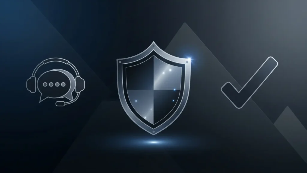 Iconos de soporte y garantía del curso Community Manager, incluyendo chat de ayuda, escudo de seguridad y check de aprobación, representando asistencia rápida, confianza y formación online profesional en redes sociales.