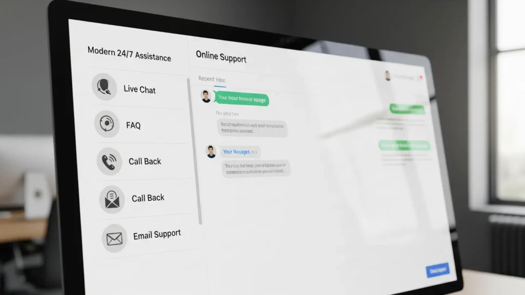 Pantalla de computadora mostrando soporte online 24/7 con chat activo, representando ayuda confiable para usuarios del ebook sobre ansiedad.