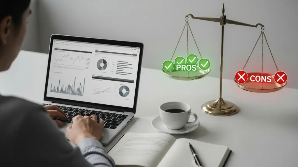 Persona revisando gráficos financieros y documentos de inversión en laptop, analizando ventajas y desventajas del curso Ecosistema Financiero. Imagen que representa análisis real, comparación de pros y contras, educación financiera para principiantes y toma de decisiones en inversiones.