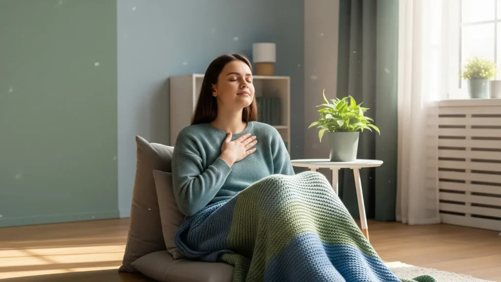 Persona joven sentada en un espacio tranquilo, respirando con calma y mostrando alivio tras superar síntomas físicos de ansiedad, en un ambiente sereno con tonos suaves que transmiten bienestar y control emocional.