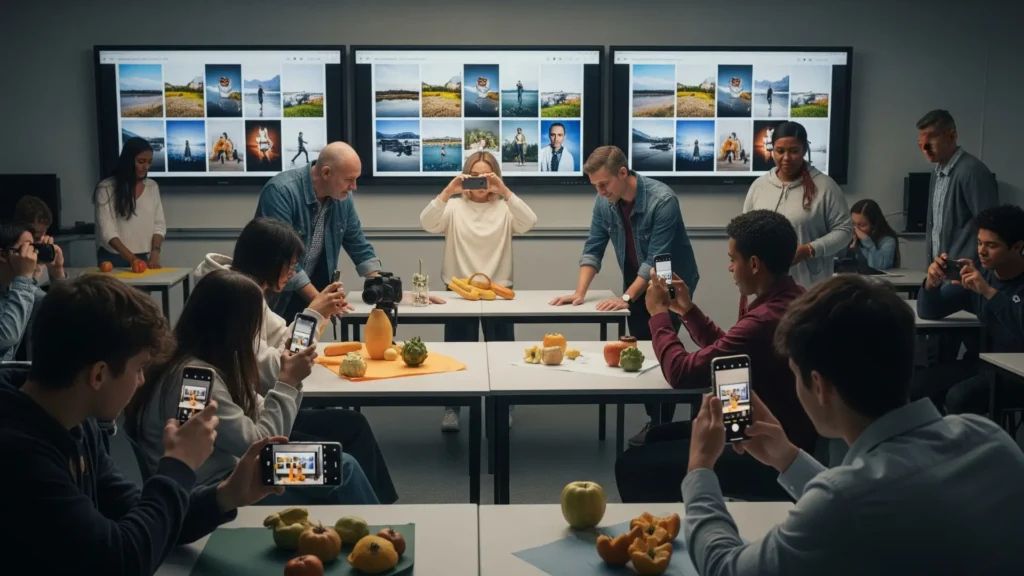 Estudiantes aprendiendo fotografía profesional con celular en MasterPhoto Academy, tomando fotos con iPhone y Android, guía de expertos, resultados visibles, curso práctico de fotografía móvil, aprender a hacer fotos profesionales desde cero