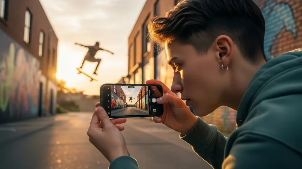 Persona tomando fotos profesionales con celular, MasterPhoto Academy, curso de fotografía móvil, aprender a usar iPhone, Samsung y Android, técnicas de iluminación y composición, fotos y videos profesionales con smartphone, mejorar contenido para redes sociales.