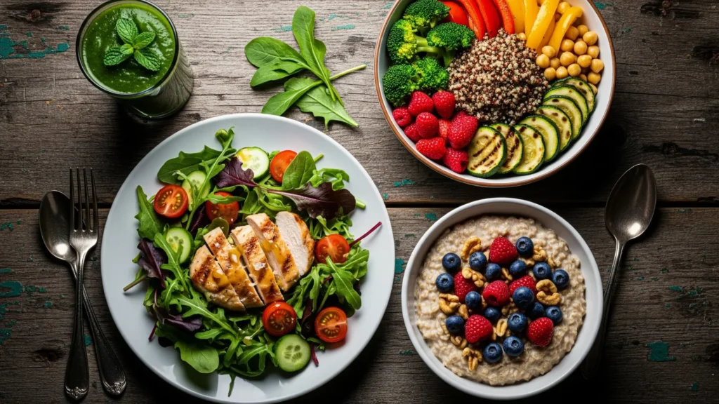 Recetas fitness saludables en mesa rústica: ensalada con pollo, avena con frutas, batido verde y bowl de quinoa con verduras, fotografía realista con tonos oscuros suaves.