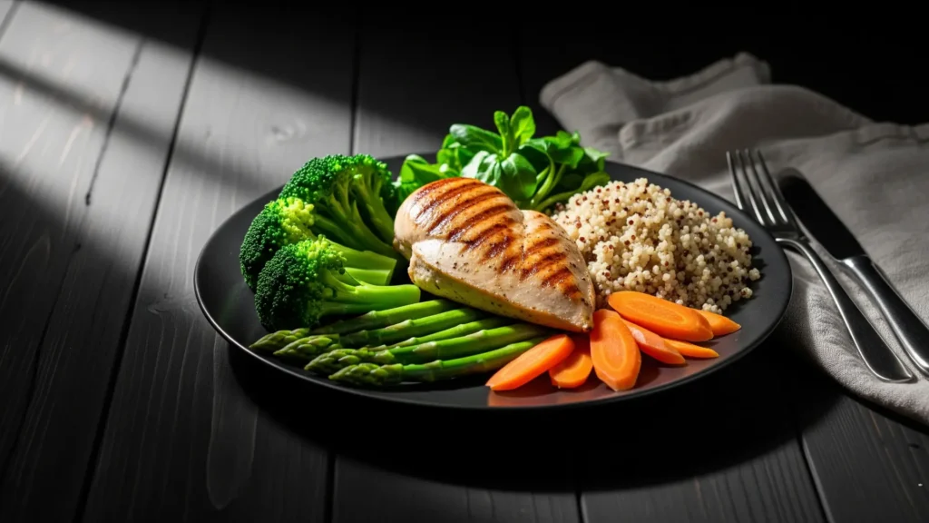 Fotografía realista de estilo oscuro de un plato fitness con pechuga de pollo a la plancha, quinoa y vegetales al vapor sobre una mesa rústica negra, representando recetas saludables y prácticas para perder peso y mejorar la alimentación.